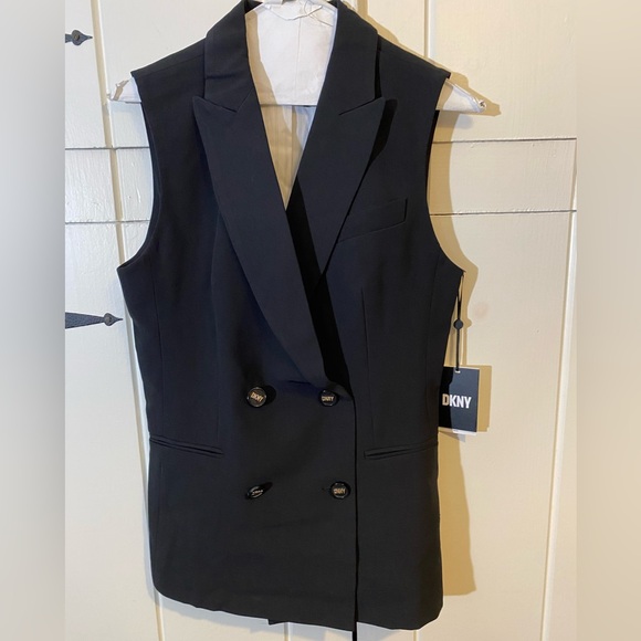 DKNY Double Breasted Vest. Black with Gold Buttons and Gold Logo Embellishments - Picture 6 of 12